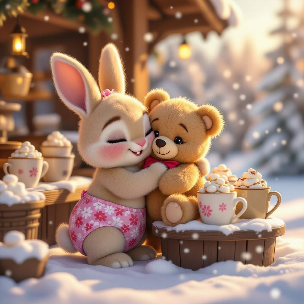 Cute Bunny and Teddy Bear at Hot Cocoa Stand