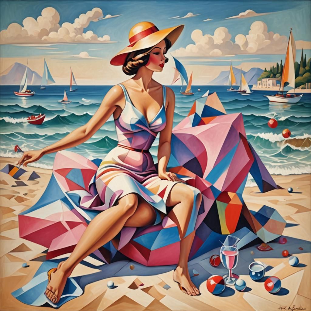 Cubist Woman with Three Legs on Beach