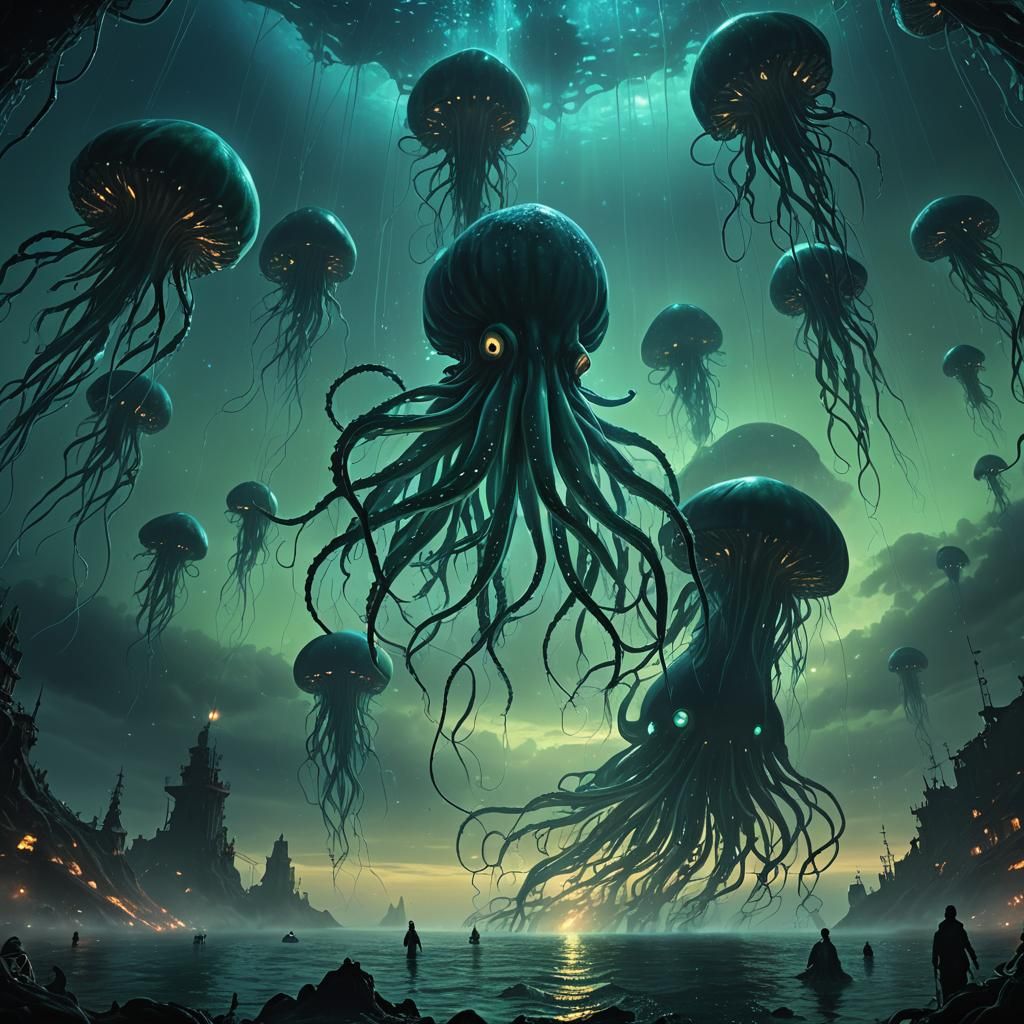Glowing Squid Rises from Black Ocean in a Dark Fantasy Scene
