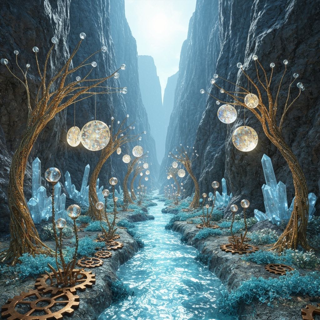 Cybernetic Valley With Crystal Growths and Wire Trees