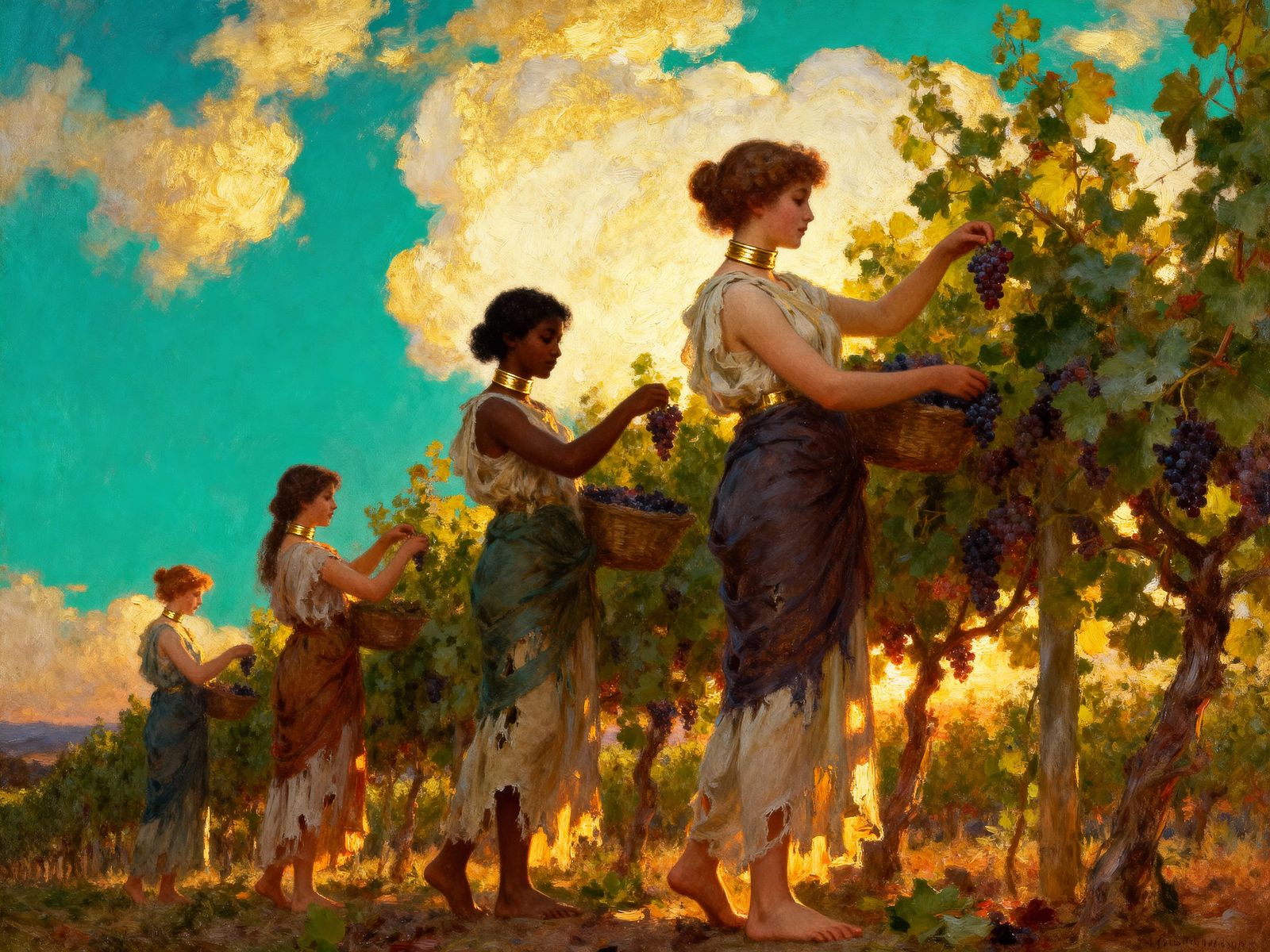 Girls Picking Grapes in Ancient Greek Robes - Oil Painting