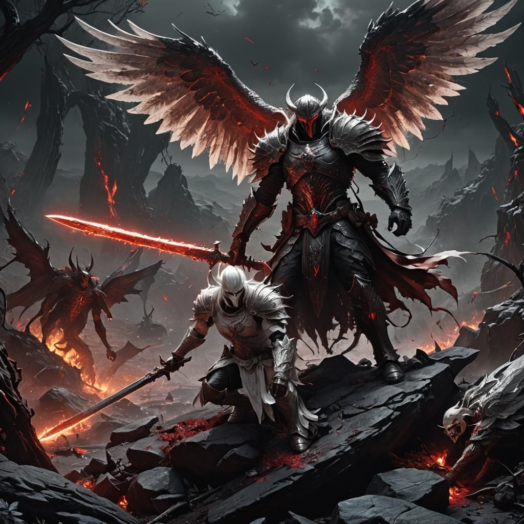 Angelic Warrior Strikes Down Demon in Hellscape