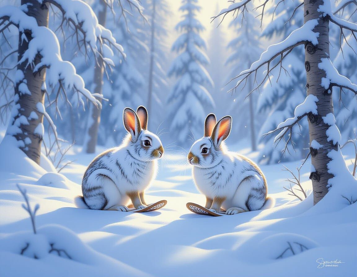 Yukon Snowshoe Hares Frolicking in Winter Wonderland