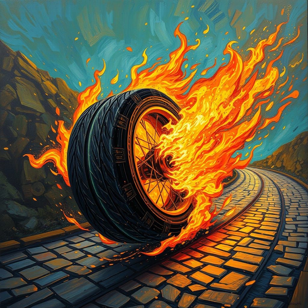 Surreal Wheels on Fire Roll Down Road in Post-Impressionist ...