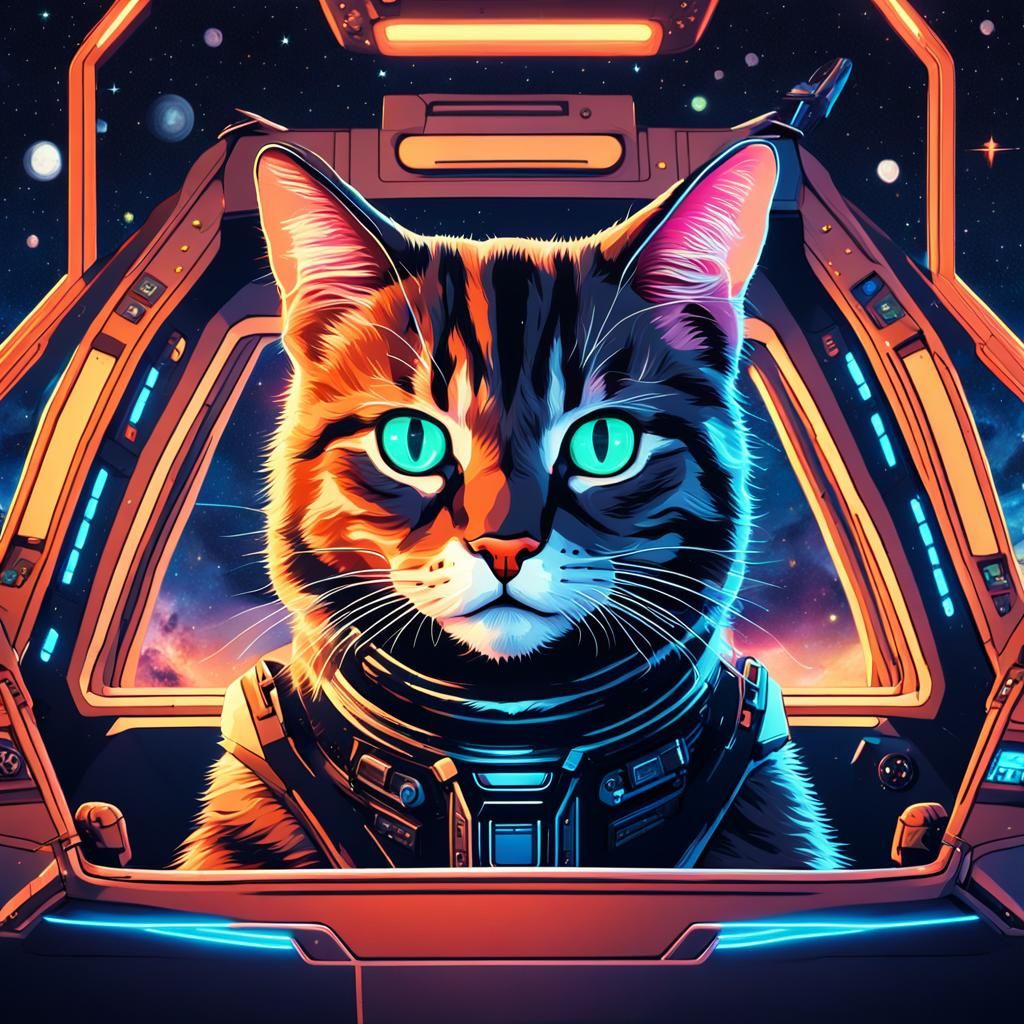 Cat in Spacecraft Cockpit: Hyperrealistic Concept Art
