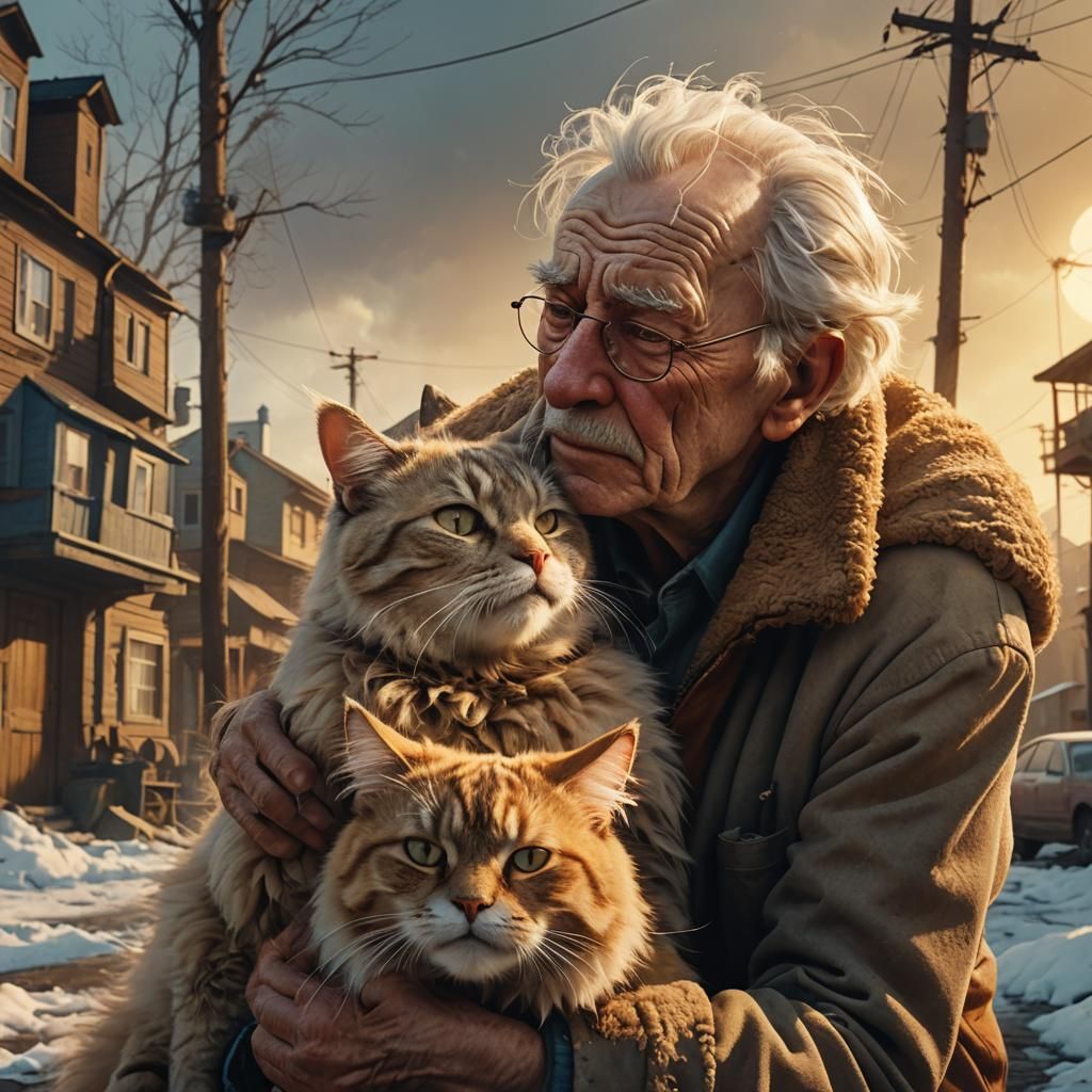 Touching Image of Elderly Man Comforted by Cat