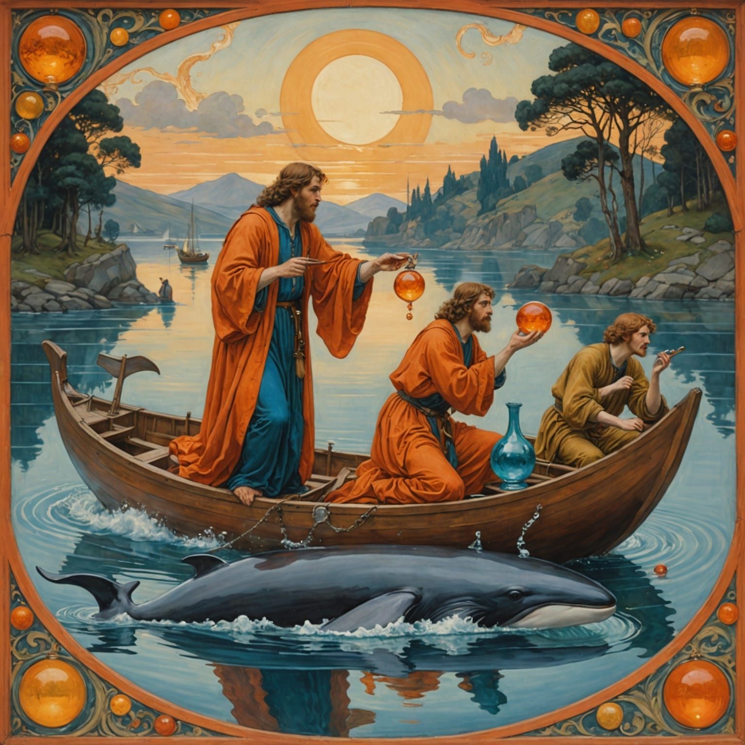 Pre-Raphaelite God Blows Glass Bauble as Whale Battles Boat
