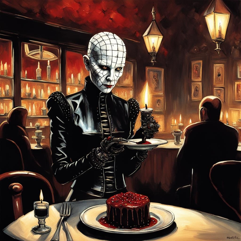 Female Pinhead Dining in a French Café