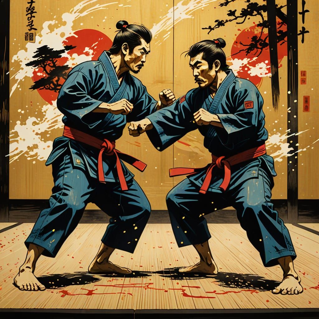 Karate Fighters in Ukiyo-e Style Woodblock Print