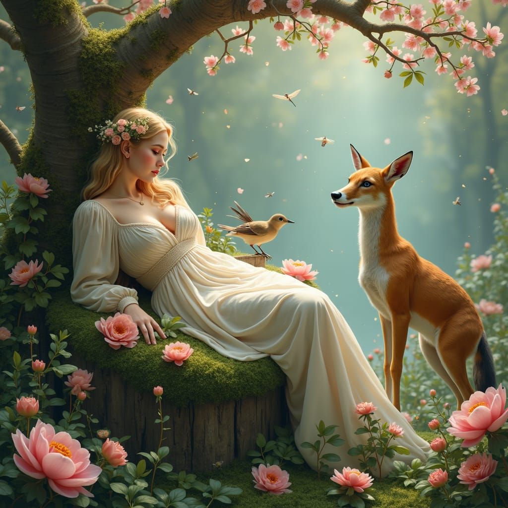 Freyja in a Dreamlike Oasis, Pre-Raphaelite Style