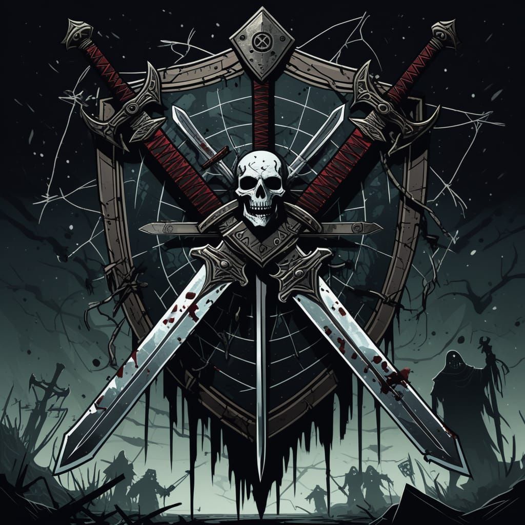 A grim, 2D illustration in the style of Darkest Dungeon, fea...