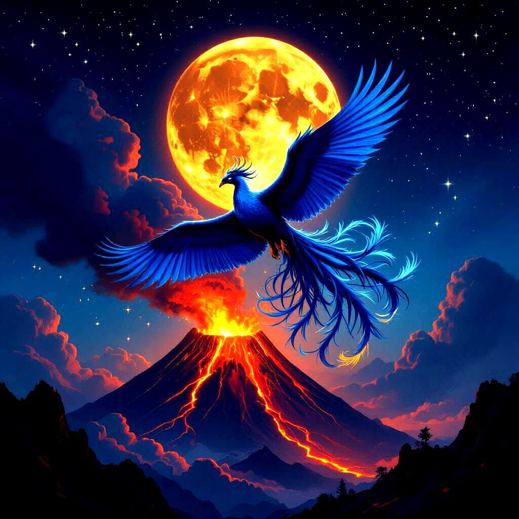 Blue Phoenix Over Volcano Under Blood Moon