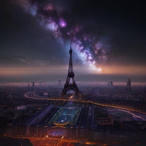 Eiffel Tower with Milky Way: Surreal Sci-Fi Concept Art