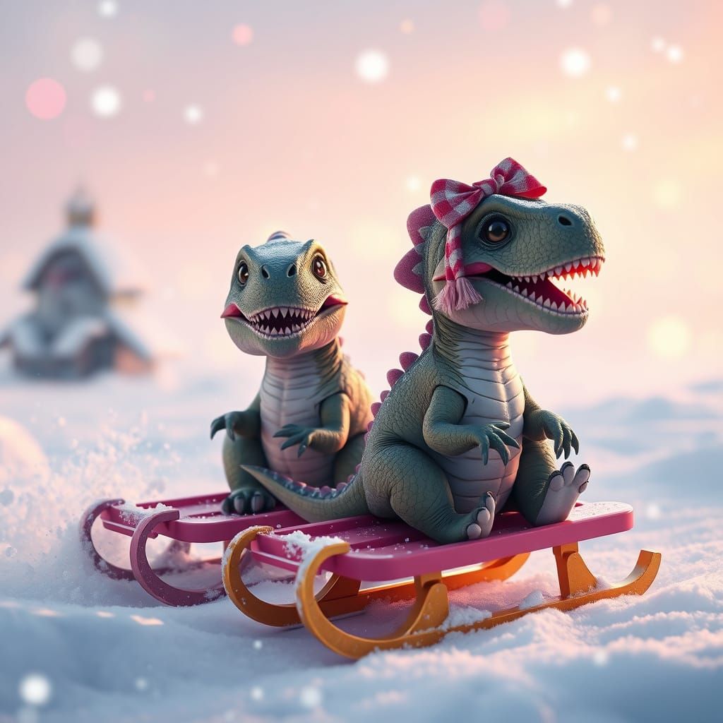Adorable Baby Dinosaurs Play in Snowy Christmas Scene