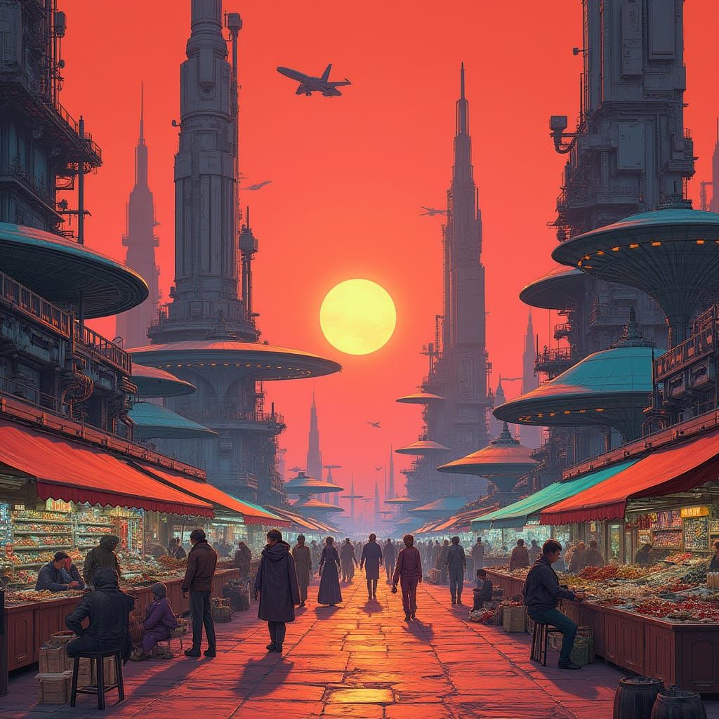 Futuristic Martian Marketplace in Neon Cyberpunk Style