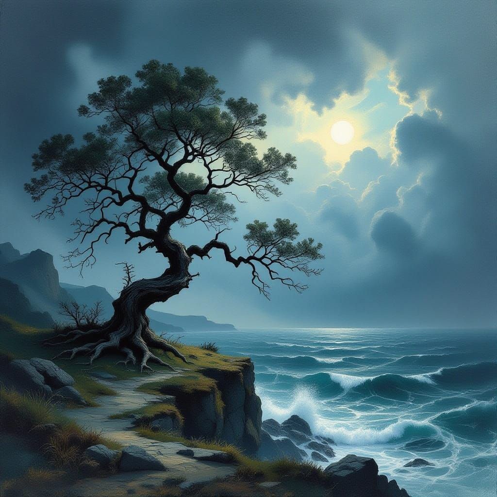 Gnarled Tree on Cliff Overlooks Stormy Sea in Dark Fantasy S...