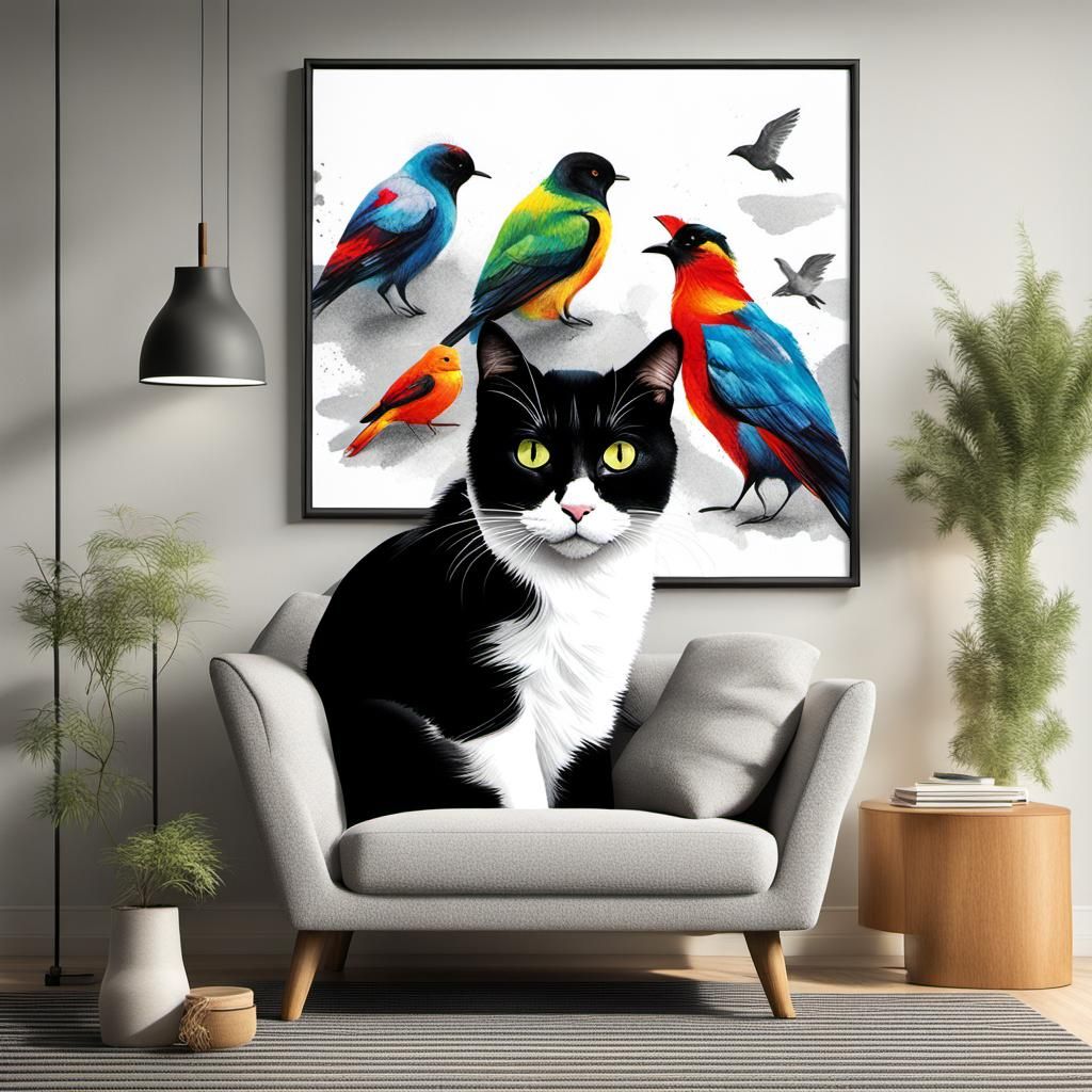 Hyperrealistic Black and White Cat on Grey Sofa