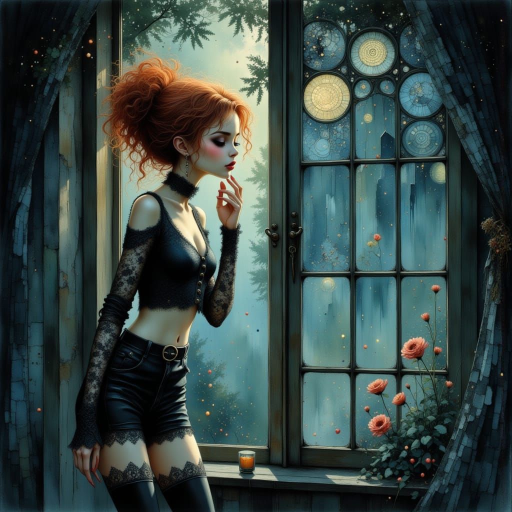 Gothic Woman Sends Kisses from Castle Window