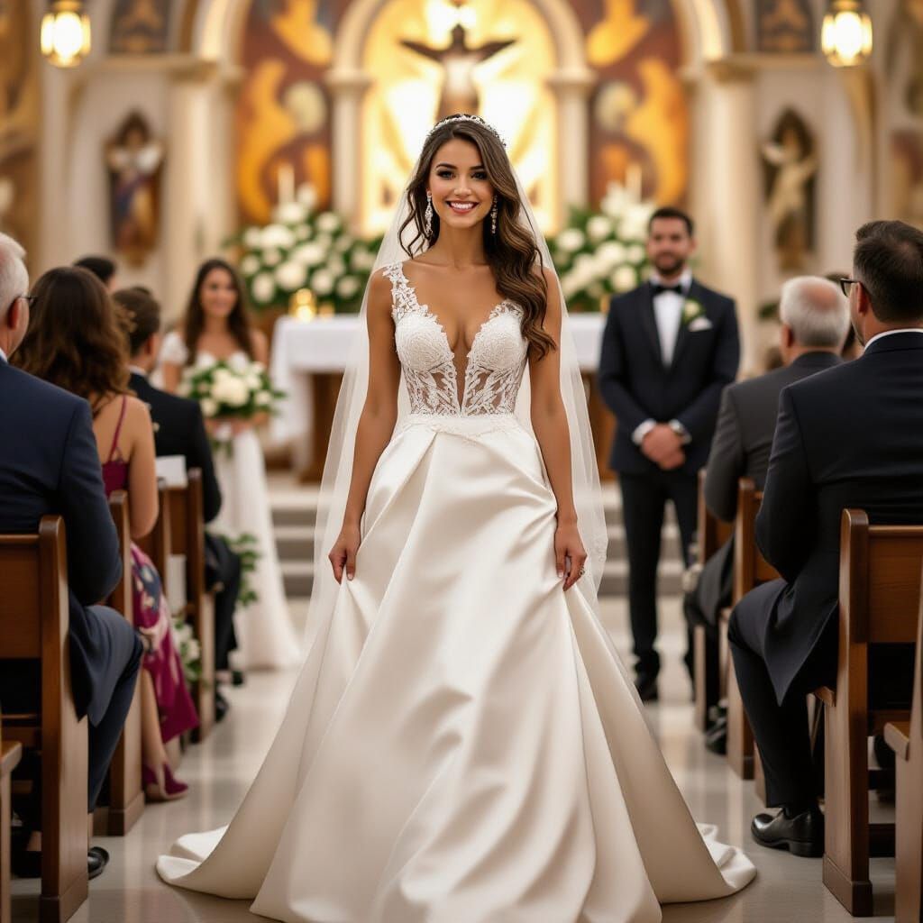 Happy Bride Walks Aisle in Art Nouveau Style