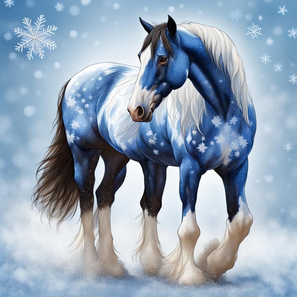 Blue Snowflake Clydesdale Horse in Hyperrealistic Splash Art