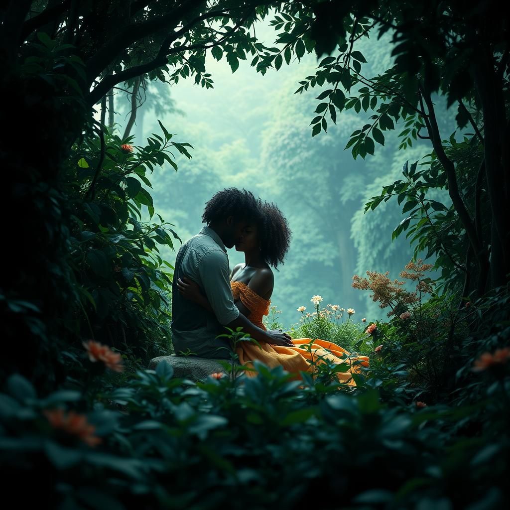 Romantic Black Couple Portrait in Dreamlike Landscape