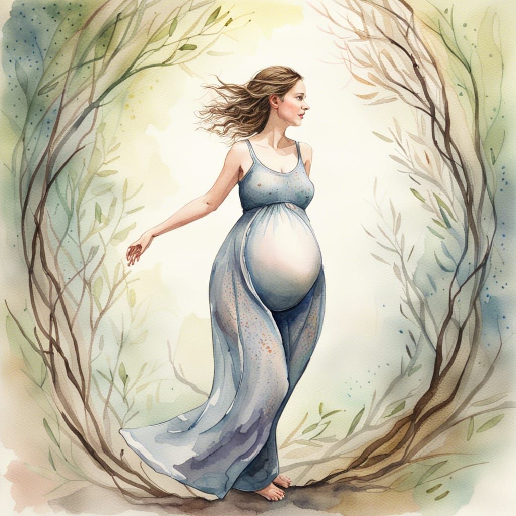 Joyful Pregnant Forest Woman Dancing: Watercolor Art