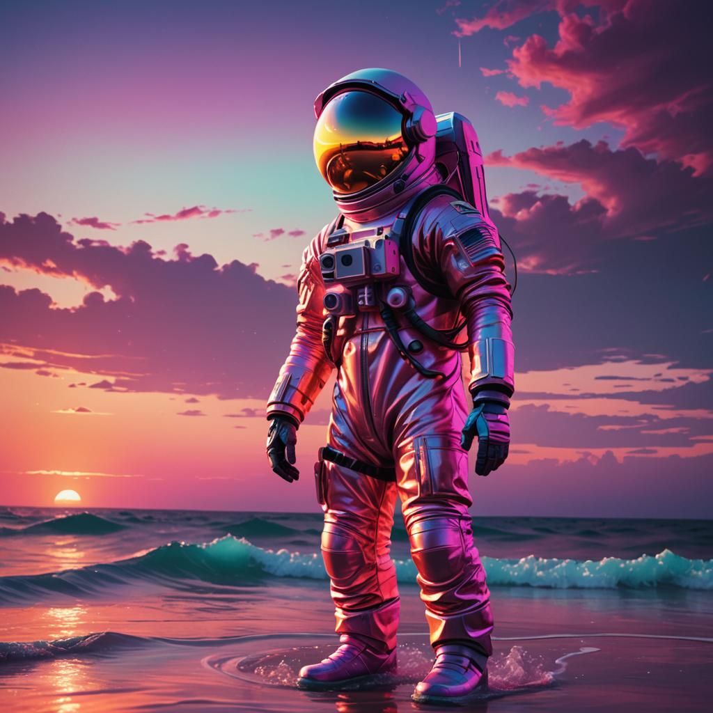 Astronaut at Neon Ocean Sunset in Synthwave Style