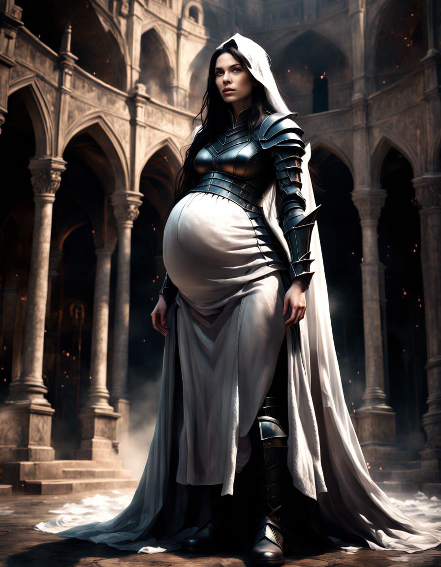 Pregnant Knight in Armor Standing in Tower
