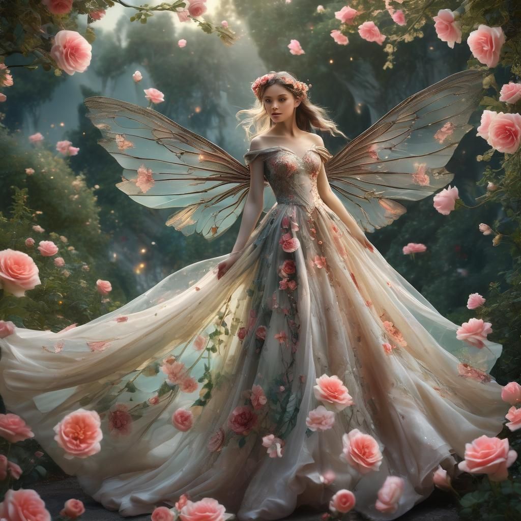 Hyperrealistic Fairy Entwined with Roses and Fairytale