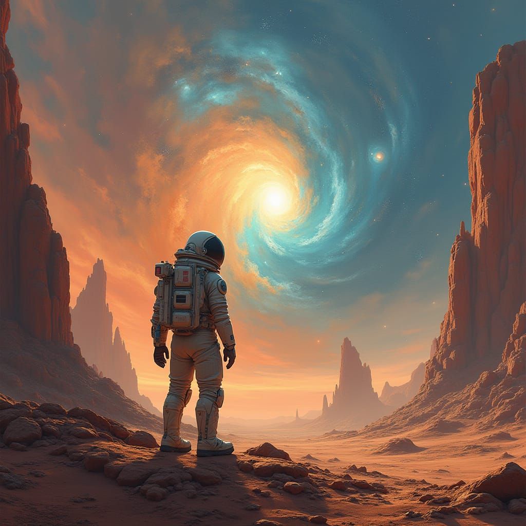 Astronaut Gazing at Nebula in Retro-Futuristic Landscape