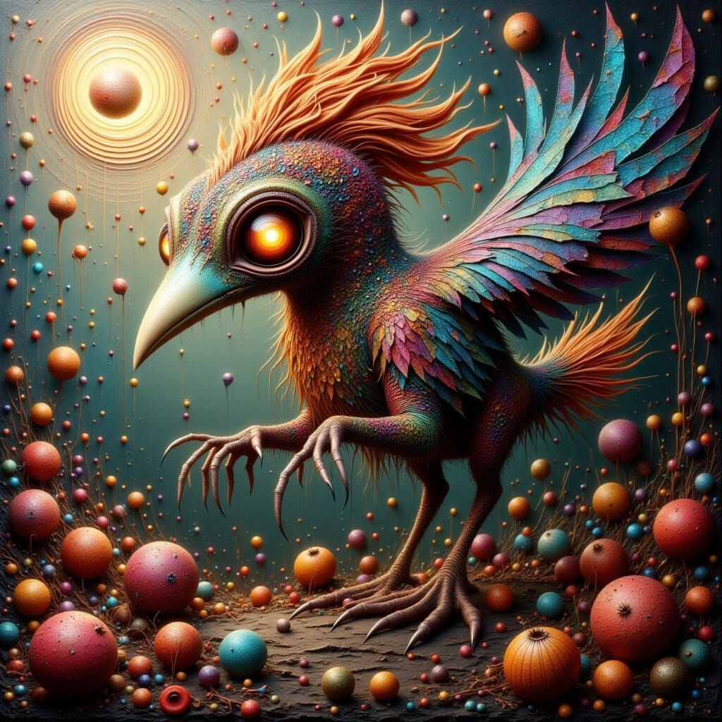 Imaginative Bird Creature in Moody Abstract Style