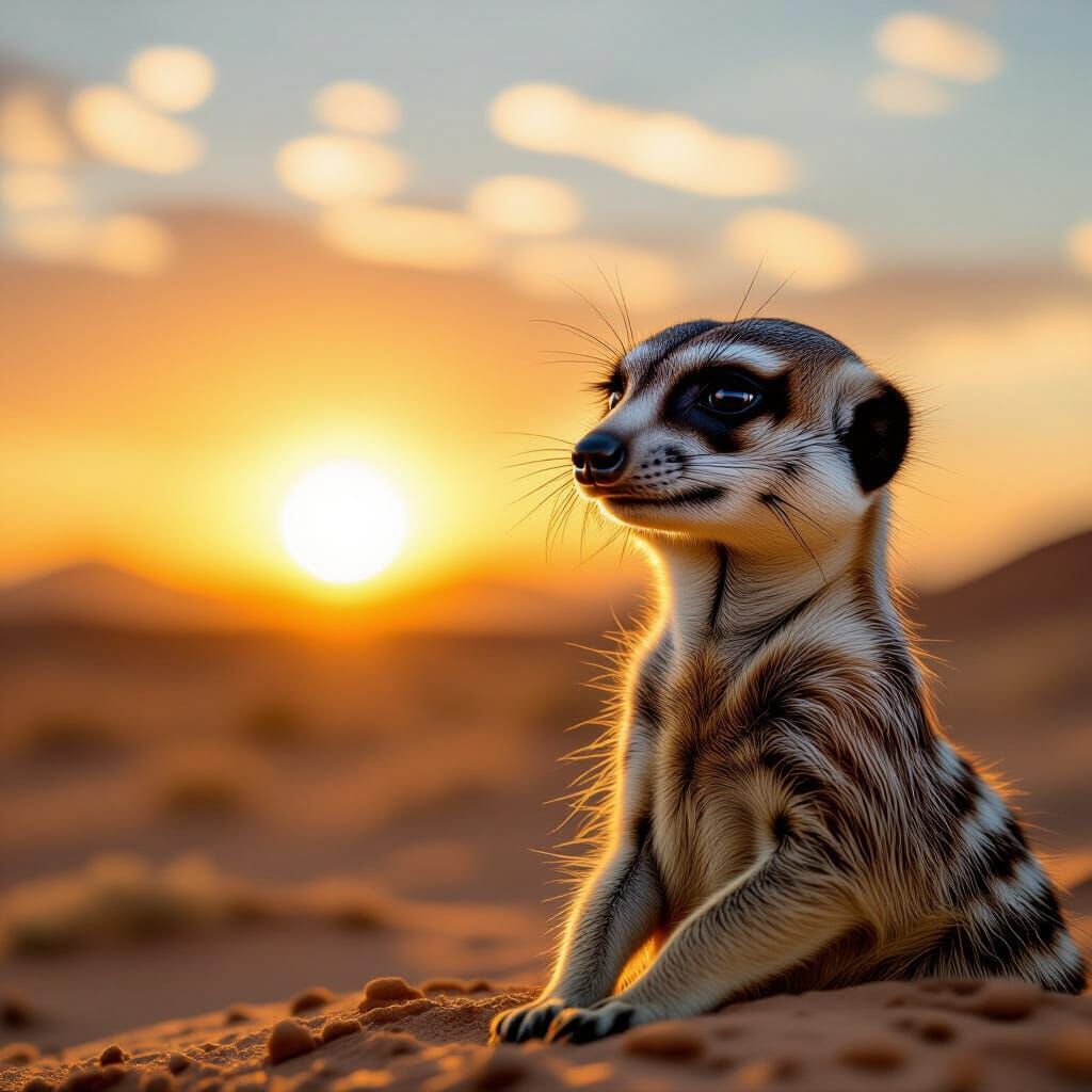 Detailed Meerkat Contemplates Desert Sunset in Cinema Style