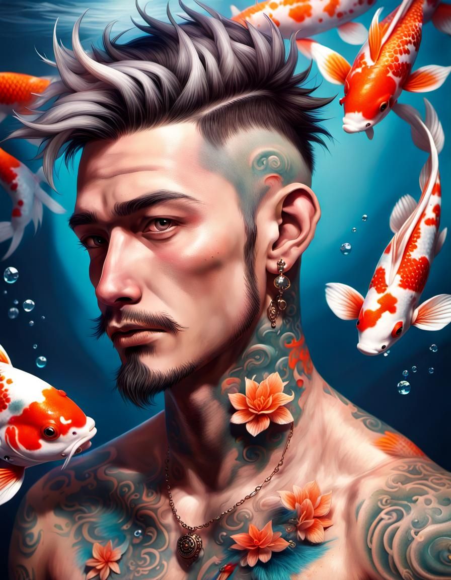 Man with Fade, Piercings, and Koi Tattoo in Hyperrealism