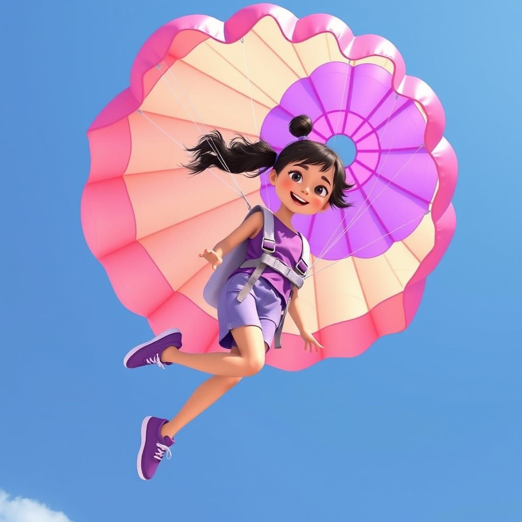 Girl with Purple Parachute in Playful Pop Art Style