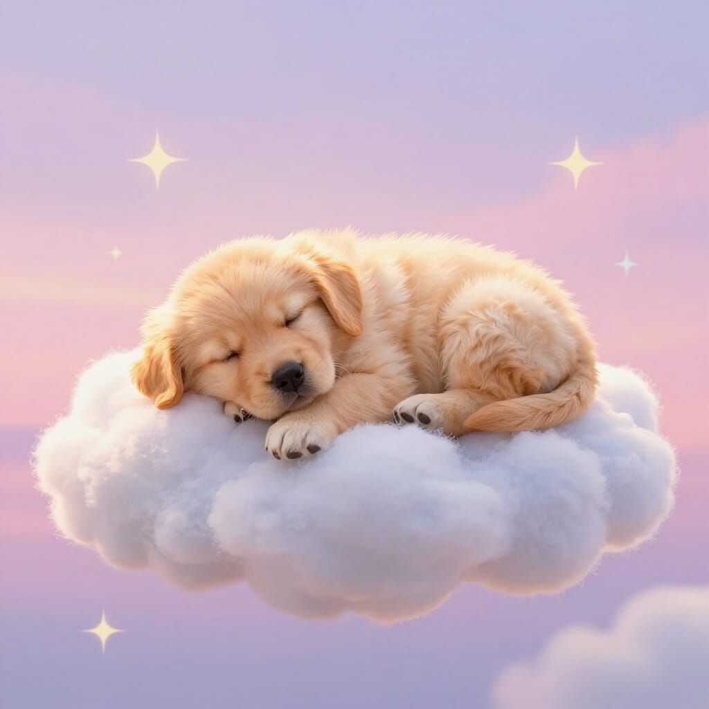 Adorable Golden Retriever Puppy Sleeps on Cloud in Dreamlike...