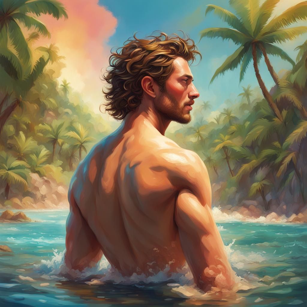 Island Oasis Scene with Hyperrealistic Splash Art