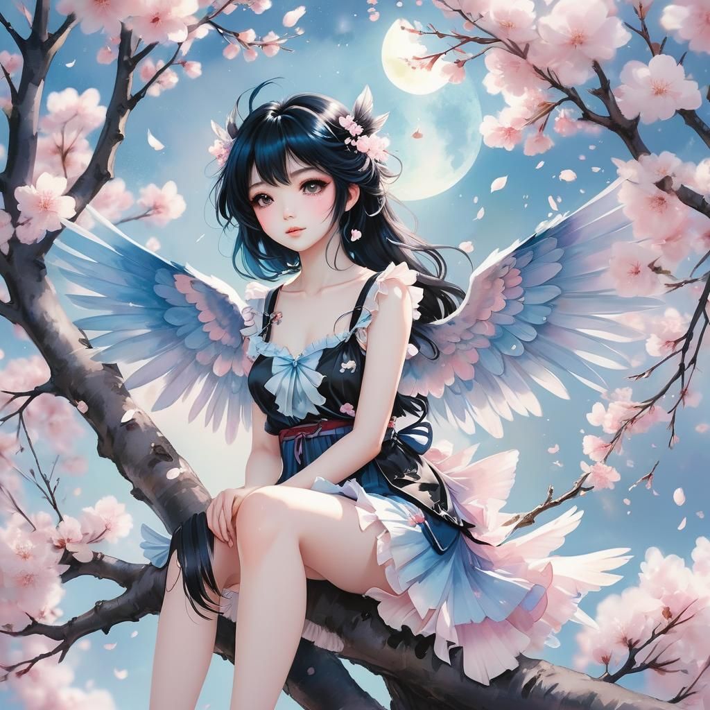 Anime Girl with Black Wings in Cherry Blossom Tree