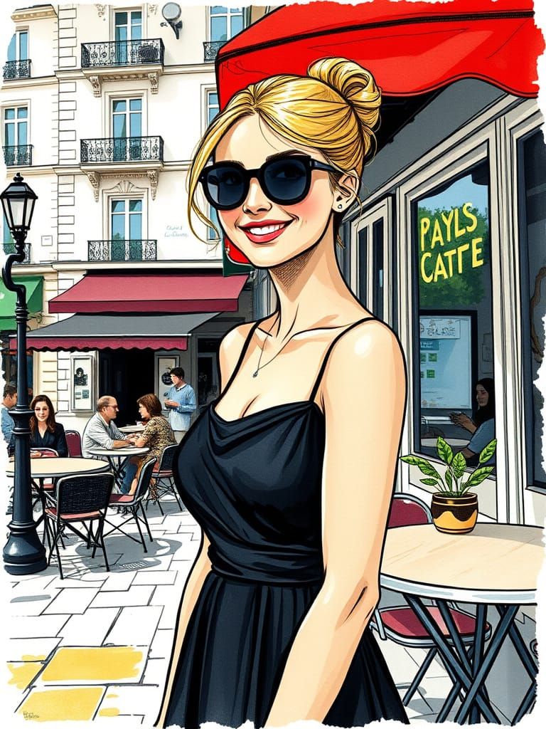 Parisian Cafe Scene in Art Nouveau Style