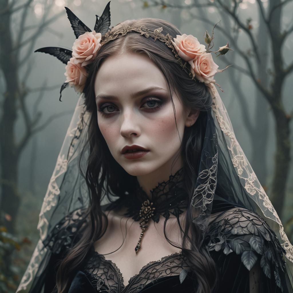 Ethereal Gothic Girl Portrait with Velvet Gown