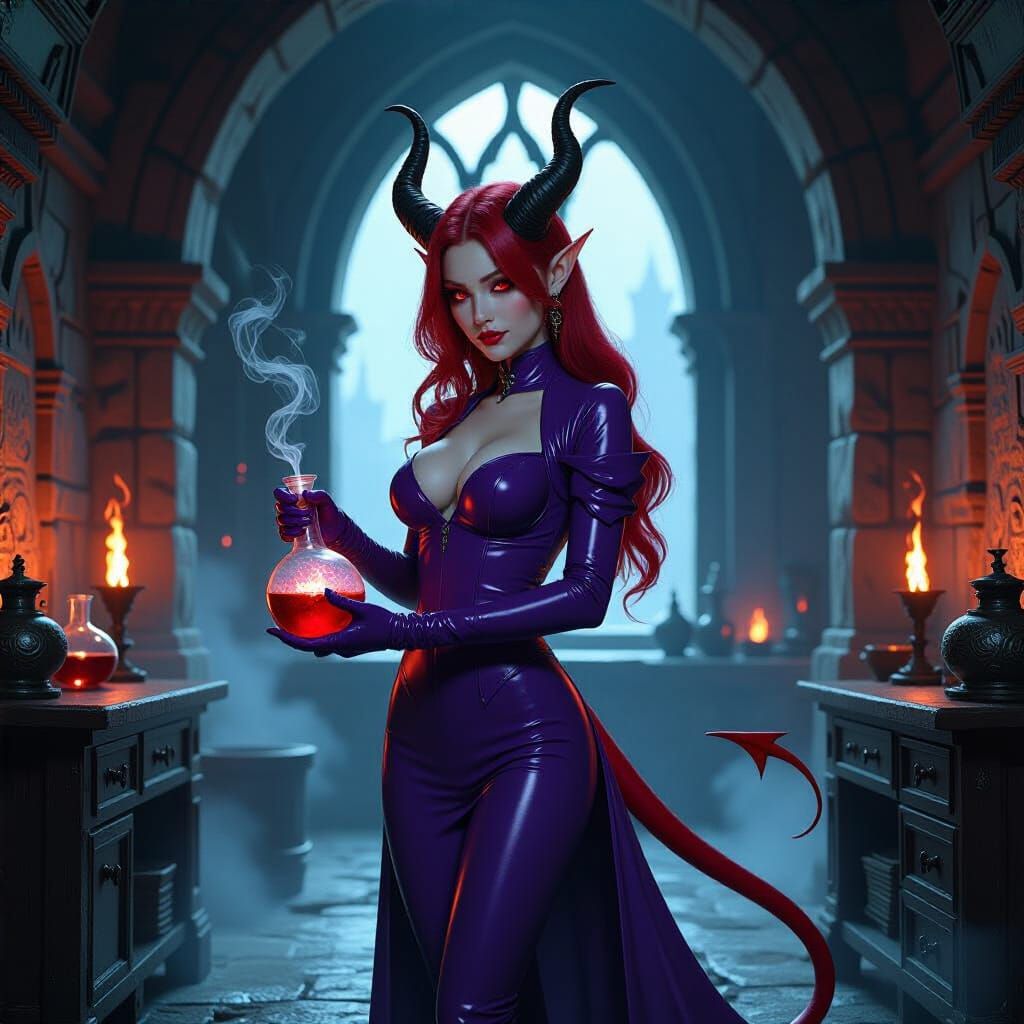 Tiefling Alchemist Mixing Explosive Concoctions in Laborator...