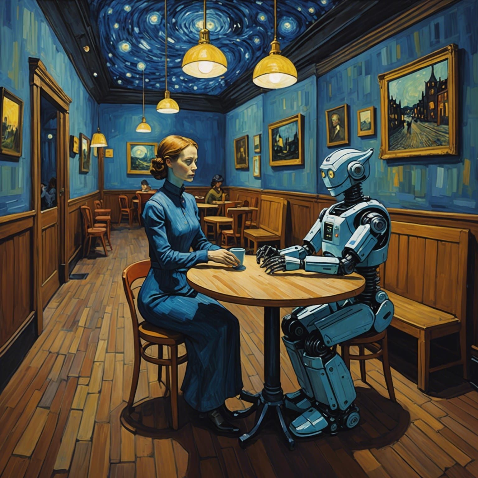 Mother and Robot in Van Gogh's Night Cafe