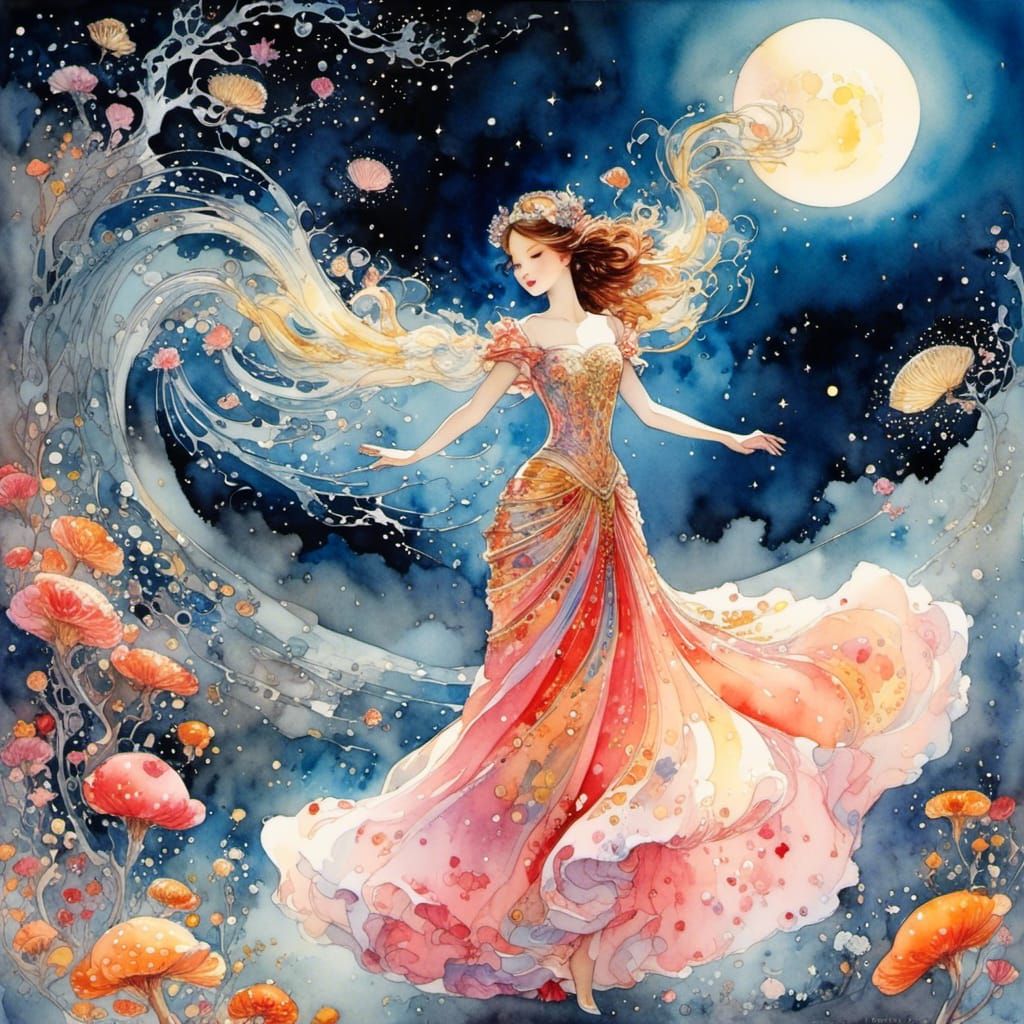 Moonlit Princess Dancing in Watercolor Ink Art