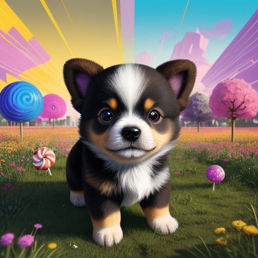 Chibi Puppy Runs Through Candy Meadow in Pop Art Style