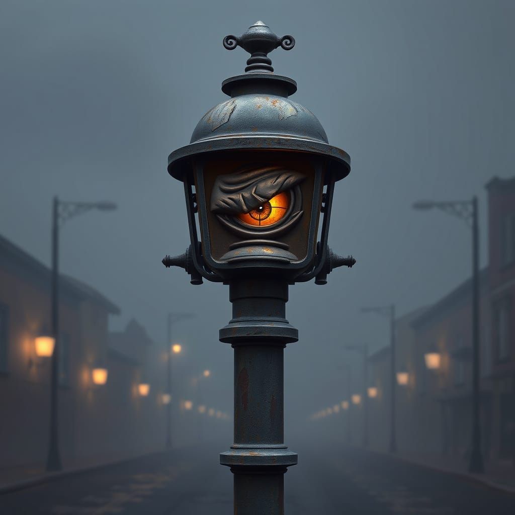 Grumpy Streetlamp Guardian in Dark Fantasy Concept Art
