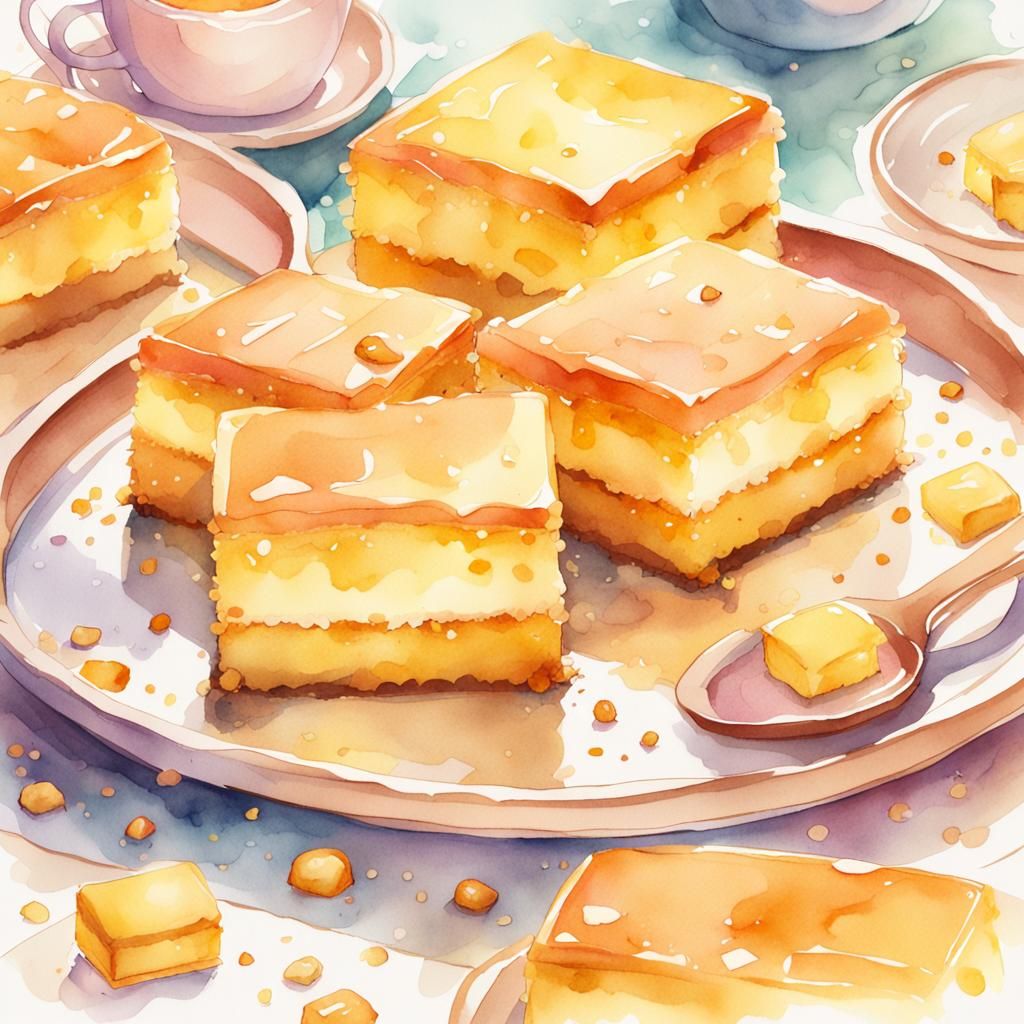Watercolor Revani Cake Illustration in Anime Style