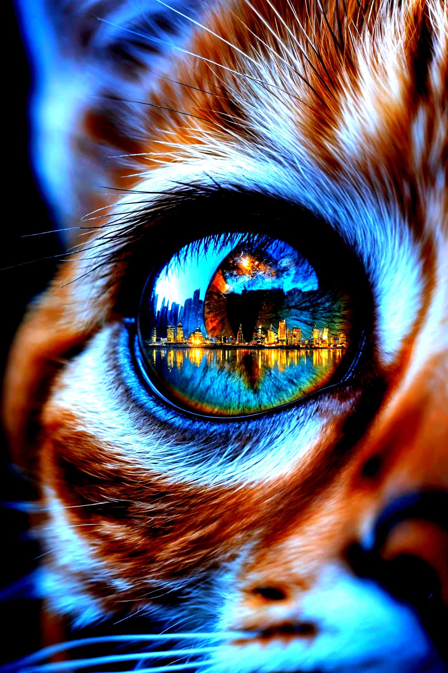 Cat's Eye Reflecting Cityscape & Galaxy in Photorealism