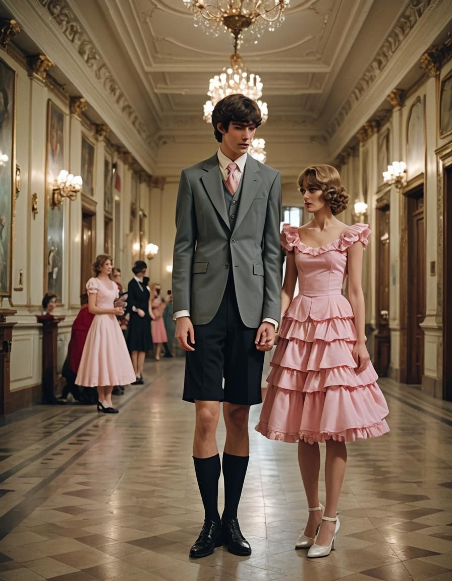 Cinematic Hall Scene with Crossdressing Teen