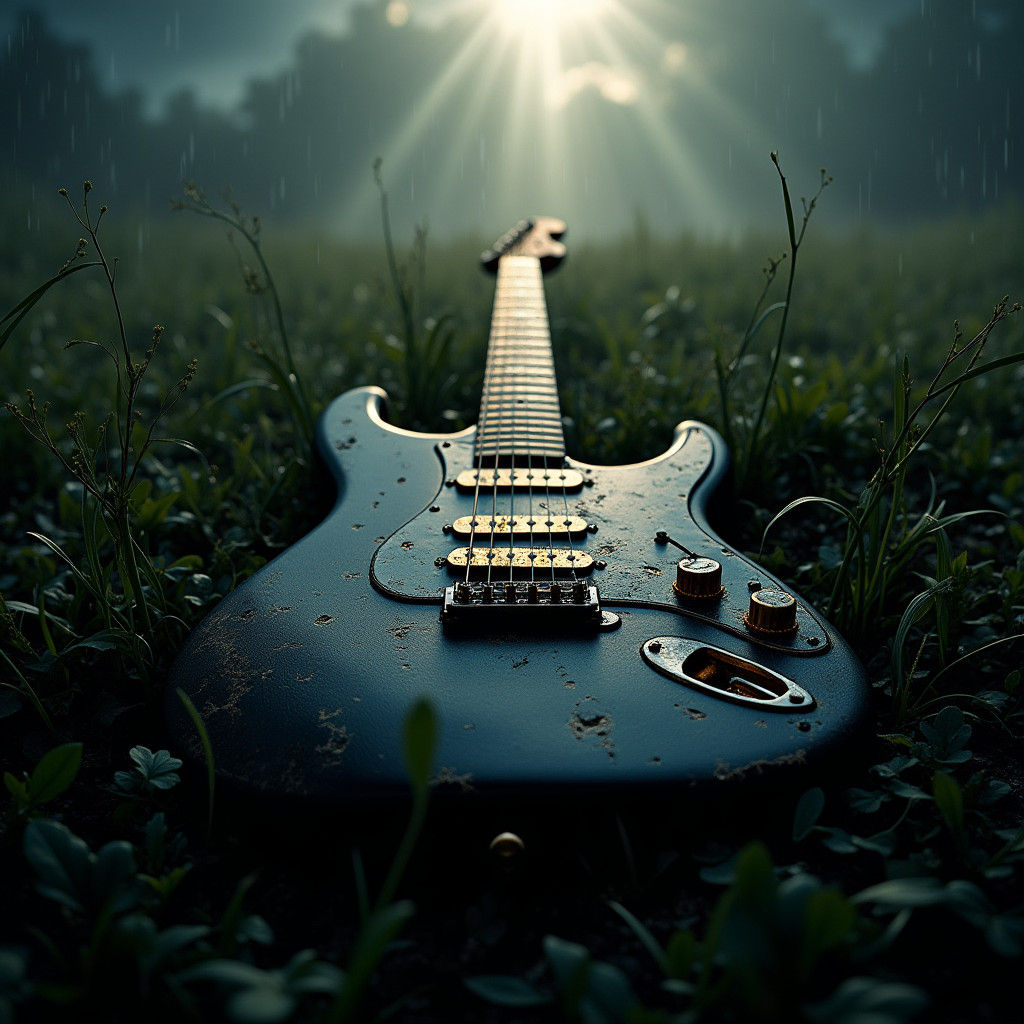 Weathered Guitar in Overgrown Field Under Dramatic Sunlight
