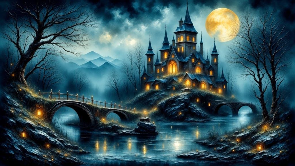 Castle Landscape in Antique Watercolor and Impasto Style