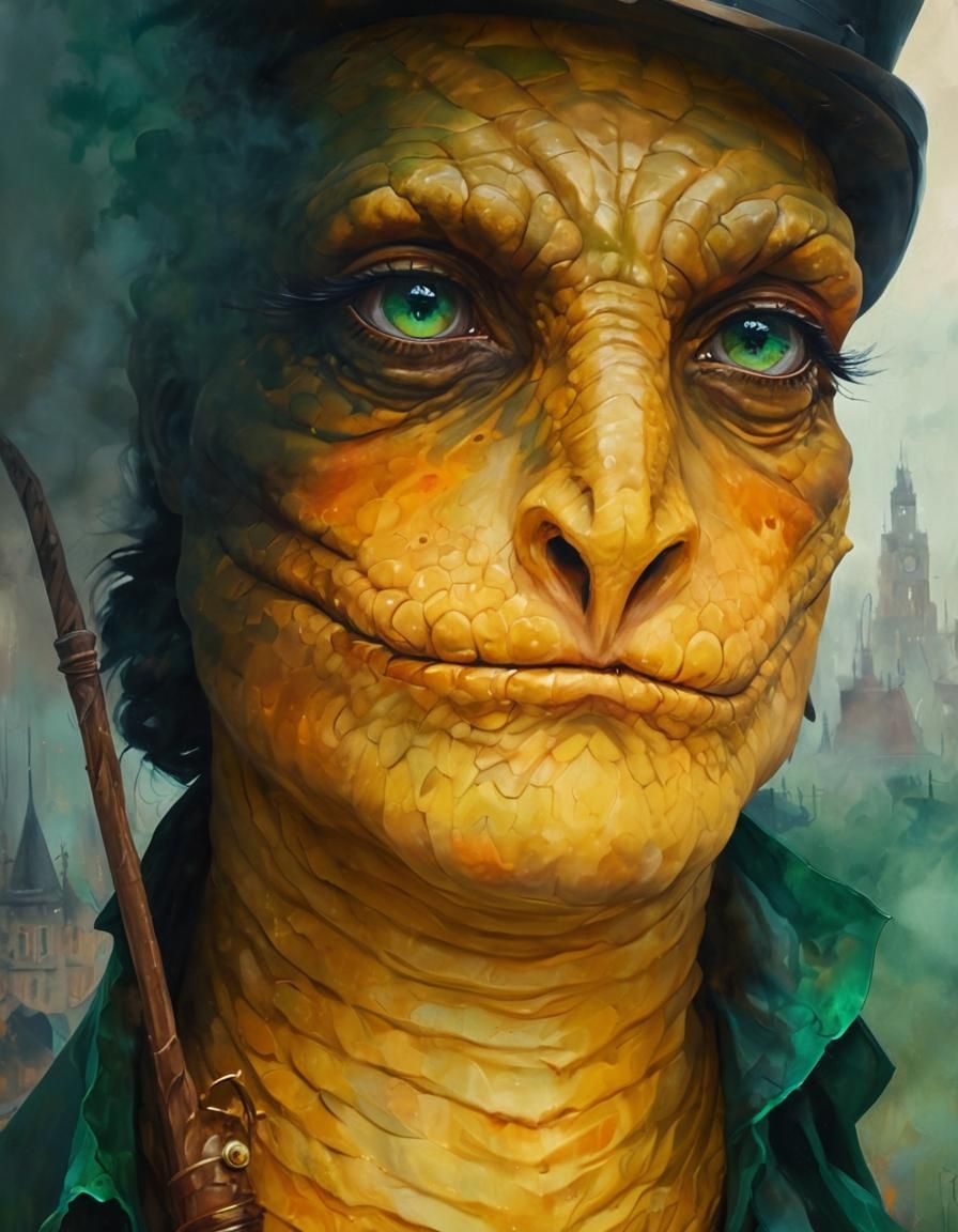 Steampunk Serpent in Ruined Cityscape as Oil Painting